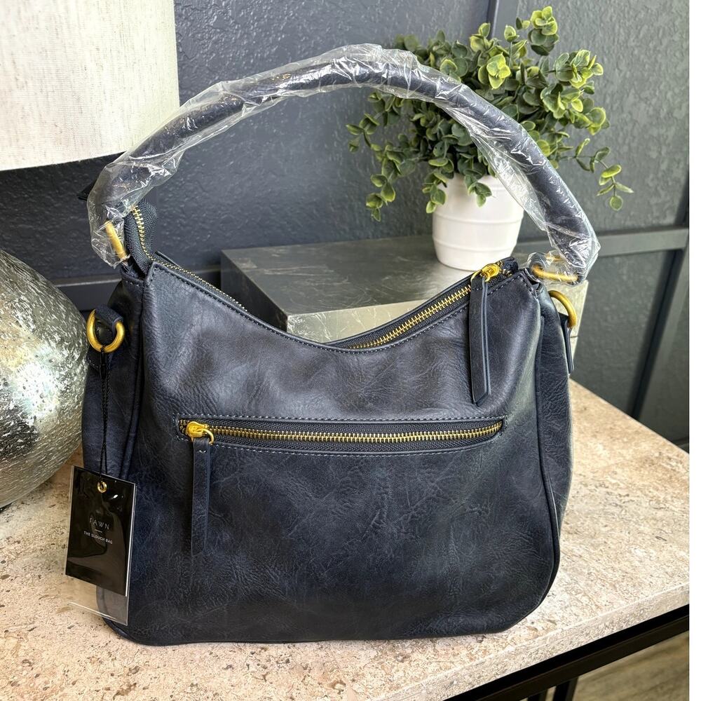 Fawn Vegan Leather Blue Slouch Tote Shoulder Crossbody Weekend Casual Bag NWT
